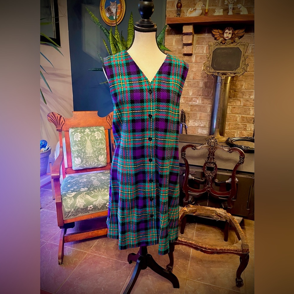 Pendleton button jumper 90s 100% wool grunge, Clueless, tartan plaid Dress